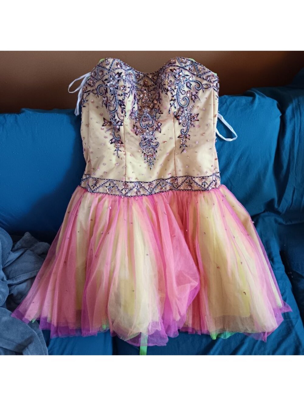Tiffany Designs sz 12 Vintage Dress Strapless Beaded Fairy Ribbon Back Sequined